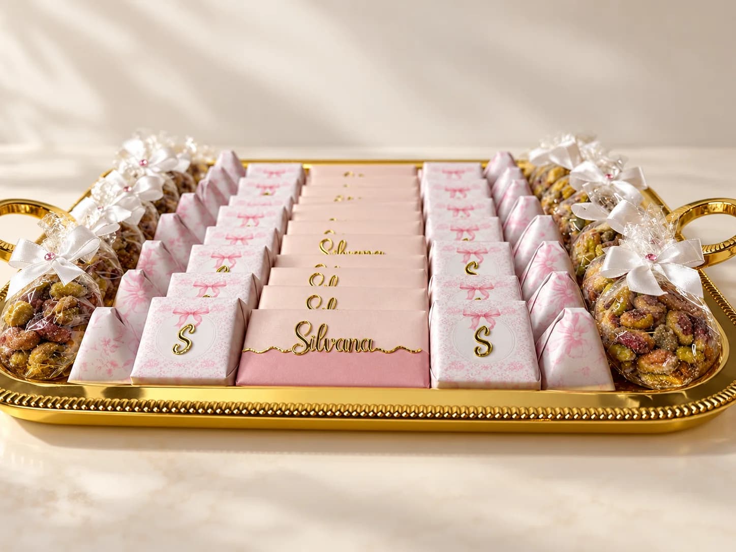 A gold tray of personalised Chocohome chocolates in pink wrappers with a name in gold script, beside bags of sugared nuts
